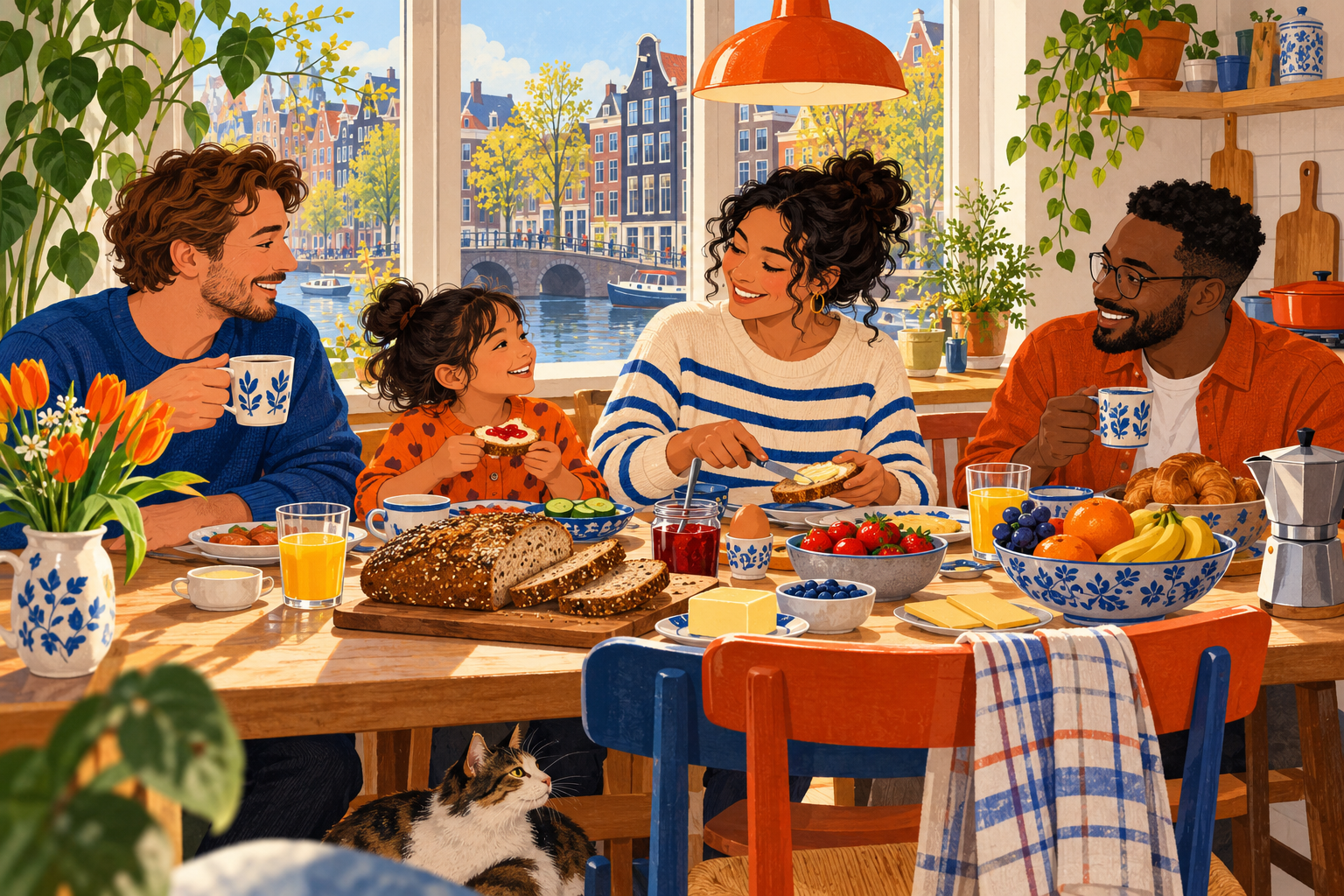 Illustrated home and neighborhood scene for settling into daily life