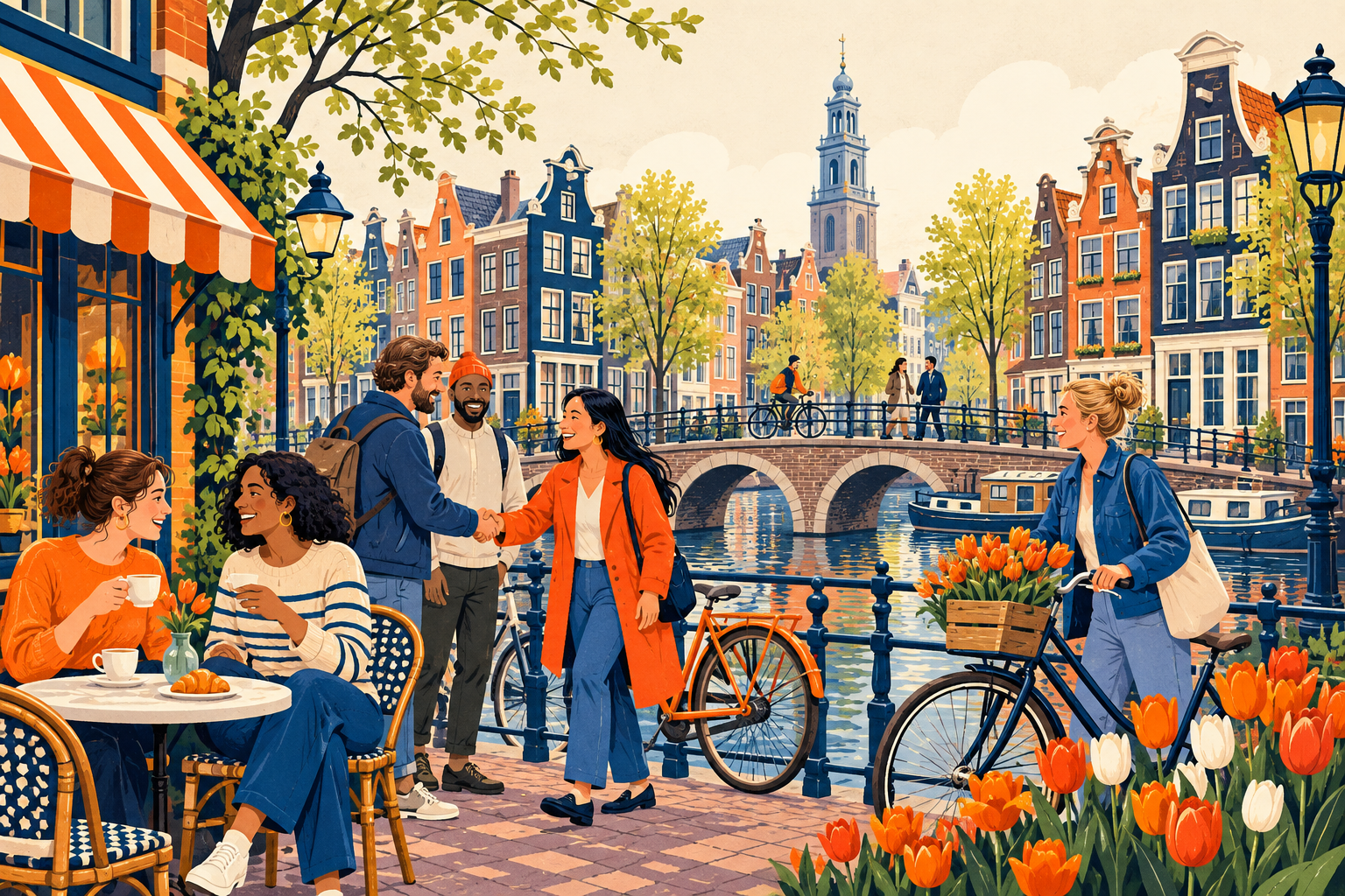 Warm illustration of a Dutch canal neighborhood, café and bicycles